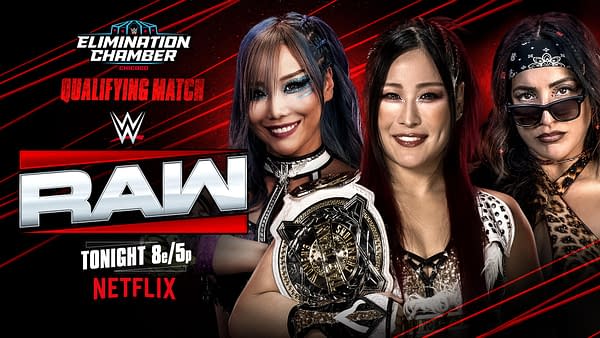 A graphic promoting a WWE Raw qualifying match for the Elimination Chamber, featuring three female wrestlers, one holding a championship belt, against a striking red background with the show's logo and details about the event.