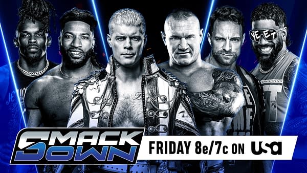 A promotional graphic for SmackDown featuring five male wrestlers, prominently displaying the SmackDown logo. The background includes blue lights and the text indicates the show's airtime on USA Network.