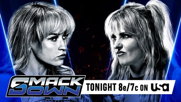 A promotional graphic for SmackDown featuring two female wrestlers facing off, with dramatic lighting and bold text announcing the event tonight at 8e/7c on USA.
