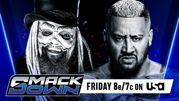 A promotional graphic for WWE SmackDown features two wrestlers: one with white face paint and long hair in a top hat, and the other with short, light-colored hair and a stern expression. The image highlights a bold "SMACKDOWN" logo and shows the broadcast time on USA Network.
