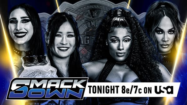 A promotional graphic featuring four female wrestlers, with two wearing championship belts, and the title 'SMACKDOWN' prominently displayed. The background has dramatic lighting and the WWE Women's Tag Team Championship belt design featured.