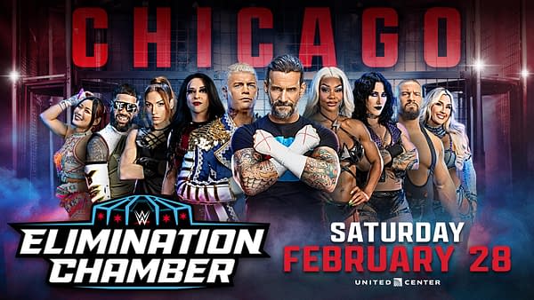 Key art for WWE Elimination Chamber 2026 featuring a lineup of wrestlers, with bold text announcing the event date and location in Chicago. The design includes dramatic colors and a wrestling-themed graphic.