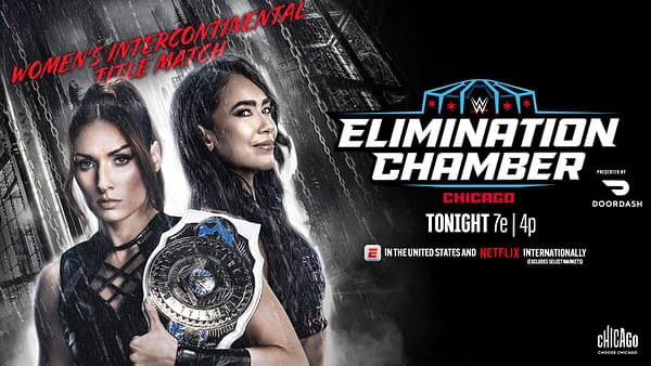 A promotional graphic for WWE's Elimination Chamber event featuring two women wrestlers. One holds a championship belt, and the background suggests a dramatic atmosphere with chains and rain.