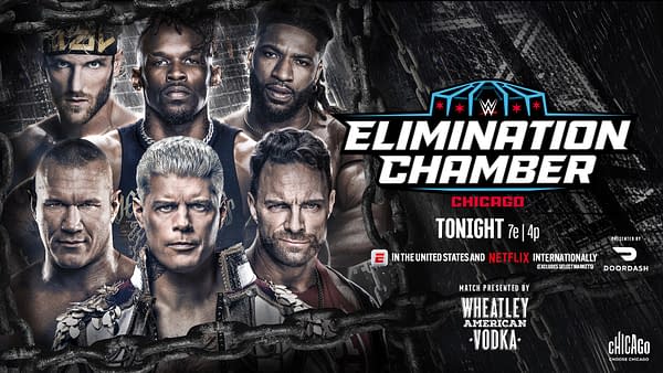 A promotional graphic for WWE's Elimination Chamber featuring several wrestlers, including a prominent logo for the event. The backdrop includes images of chains, symbolizing the event's theme.