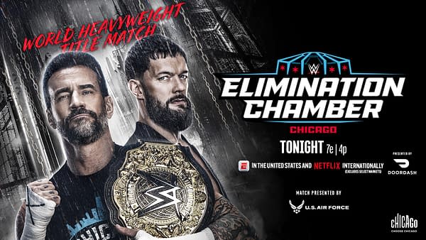 Promotional graphic for WWE Elimination Chamber featuring two wrestlers, one holding a championship belt. The background is dark with chains and a cityscape, and the text announces a World Heavyweight Title match.