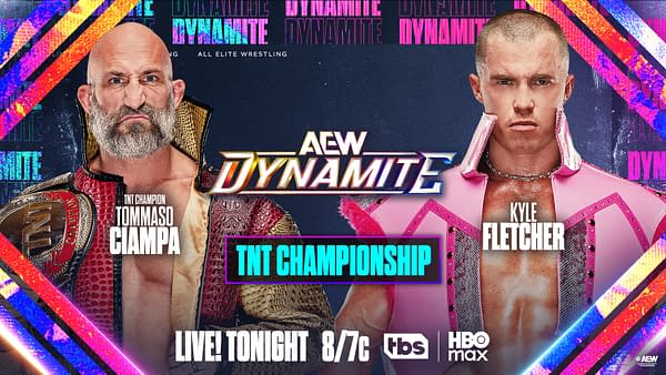 A promotional graphic for AEW Dynamite featuring wrestlers Tommaso Ciampa and Kyle Fletcher. The image highlights the TNT Championship match.
