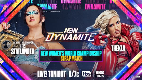 A promotional image featuring two women wrestlers, Kris Statlander and Thekla, with Statlander holding the AEW Women's World Championship belt. The background includes colorful graphics and text for AEW Dynamite.
