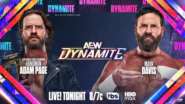 A promotional graphic for AEW Dynamite featuring two wrestlers, Hangman Adam Page and Mark Davis, facing each other. Adam Page wears a championship belt, while Mark Davis has a bandaged hand and a focused expression. The background includes vibrant colors and the AEW logo prominently displayed.
