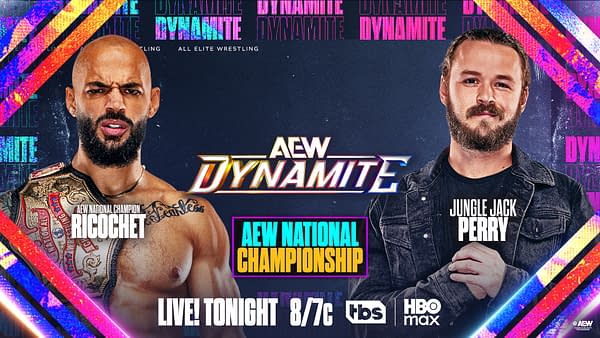 A promotional graphic for AEW Dynamite featuring two wrestlers, Ricochet and Jungle Jack Perry, with the AEW National Championship title displayed. The background includes vibrant colors and text related to the event.