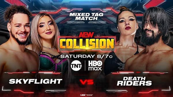 A promotional graphic for an AEW mixed tag match featuring two teams: Skyflight and Death Riders. The background includes dynamic red and blue lighting effects, enhancing the action-packed theme.