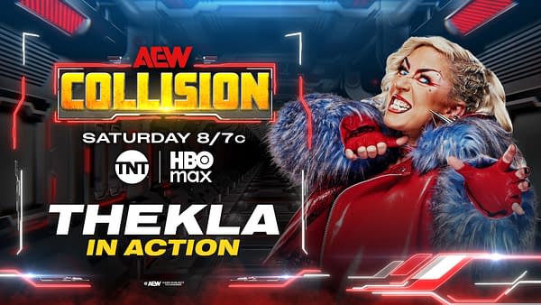 A promotional graphic for AEW Collision featuring a flamboyant wrestler with blonde hair, wearing a red and blue fur coat, striking a dynamic pose. The text highlights the event details and includes the show title, showtimes, and network logos.