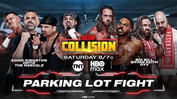 A promotional graphic for AEW Collision featuring several wrestlers posing aggressively. Text highlights 'PARKING LOT FIGHT' along with details about the event's airing on TNT and HBO Max.