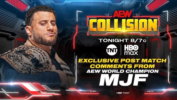 A professional wrestler, wearing a championship belt, strikes a confident pose against a futuristic background. The image features bold text promoting an AEW event airing tonight.