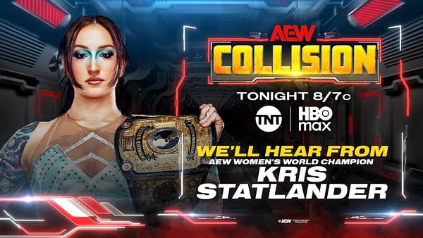 A promotional image featuring Kris Statlander, the AEW Women's World Champion, holding her championship belt. The background features a futuristic design with vibrant colors and the title 'AEW Collision.'