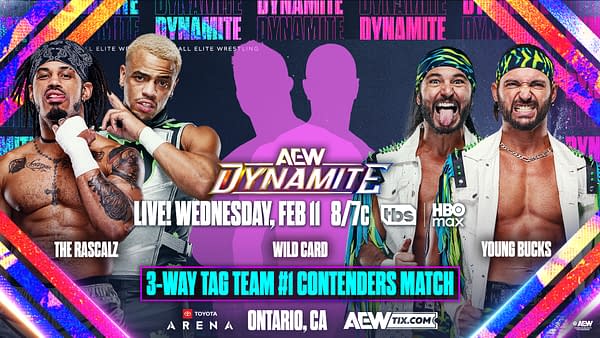 A promotional graphic for AEW Dynamite showcases the wrestlers from the event. Key figures, The Rascalz and Young Bucks, are featured prominently with dynamic backgrounds and bold text announcing the match details.