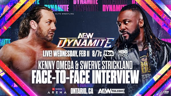 Promotional graphic for AEW Dynamite featuring Kenny Omega and Swerve Strickland, announcing a face-to-face interview on February 11. Bright colors and dynamic design elements create a vibrant atmosphere.