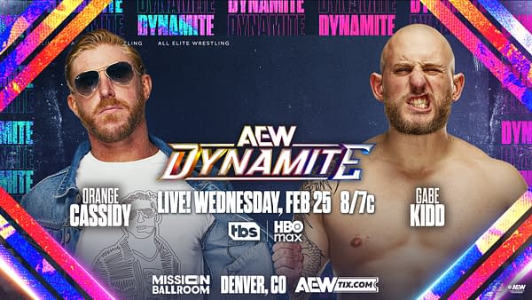 A promotional graphic for the wrestling event AEW Dynamite featuring two male wrestlers: Orange Cassidy on the left, wearing sunglasses and a light jacket, and Gabe Kidd on the right, with a serious expression and no shirt. The background includes vibrant colors and text displaying event details.