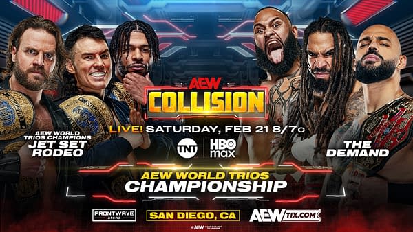 A promotional graphic for the AEW Collision event featuring six wrestlers, with two teams, Jet Set Rodeo and The Demand, positioned prominently. The image highlights the event details and championship title.