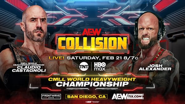 A promotional graphic for the AEW Collision event featuring two wrestlers: Claudio Castagnoli on the left with a championship belt, and Josh Alexander on the right with an intense expression. The background includes the AEW logo and event details.
