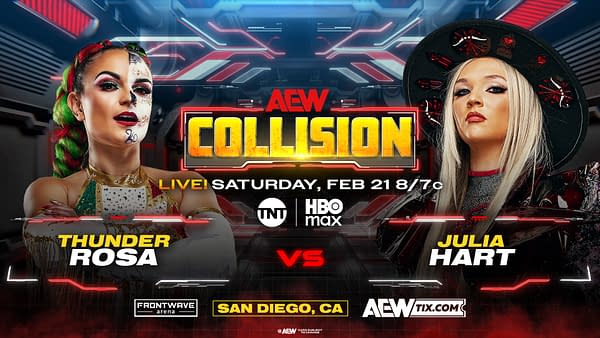 A promotional graphic for AEW Collision featuring wrestlers Thunder Rosa and Julia Hart. Thunder Rosa has a vibrant appearance with a painted face and colorful hair, while Julia Hart is dressed in dark attire and a wide-brimmed hat. The background includes futuristic design elements, and the event details are prominently displayed.