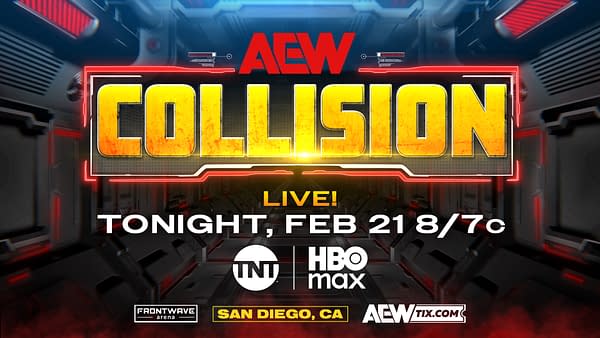 A promotional graphic for AEW Collision with bold text displaying 'COLLISION' and details about the event, including the date, time, and platform. The background features a futuristic design with red and black elements.