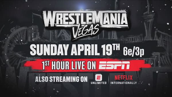Promotional graphic for WrestleMania in Las Vegas, featuring event details like the date and broadcast options, set against a dramatic background.