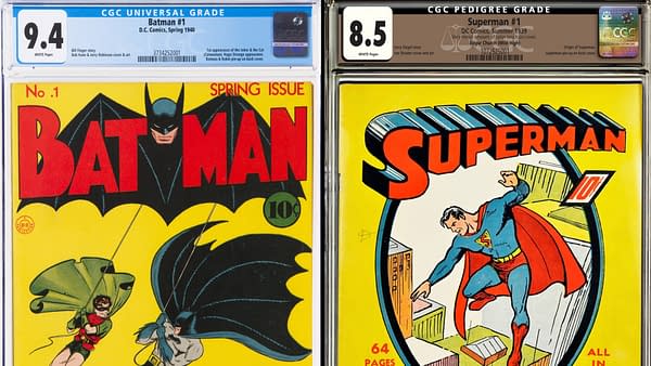 A side-by-side display of two vintage comic books: Batman #1 from Spring 1940 on the left, graded 9.4, and Superman #1 from Summer 1939 on the right, graded 8.5.