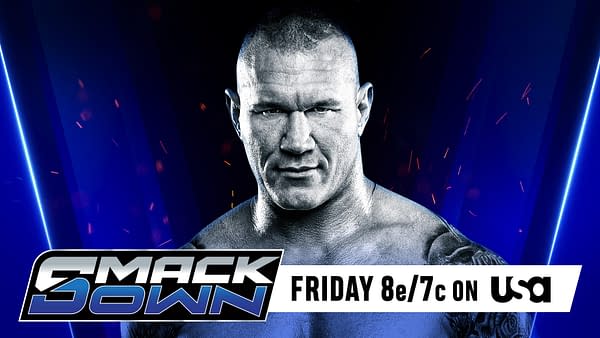 A promotional graphic for WWE SmackDown featuring a muscular man with a serious expression against a blue and black background. Text on the image indicates the show airs Friday at 8/7c on USA.