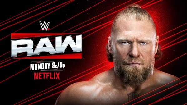 A promotional graphic for WWE Raw featuring a close-up of a muscular man with long hair and a beard, set against a red and black background. The WWE Raw logo and details about the event being streamed on Netflix on Monday at 8/5 p.m. are prominently displayed.