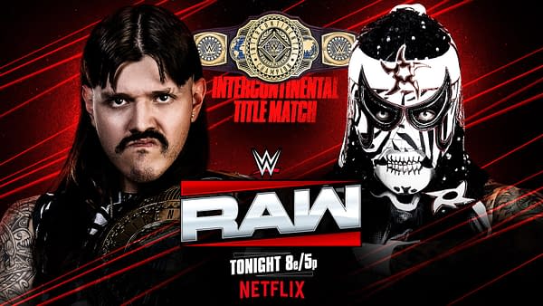 A promotional graphic for WWE Raw featuring two wrestlers: one with long hair and a championship belt, the other in a striking black and white mask. The background is red with the WWE Raw logo and details of an Intercontinental Title match.
