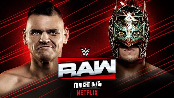 A promotional graphic for WWE Raw featuring two wrestlers: one with short hair and a smirk, and the other wearing a colorful luchador mask. The background has dynamic red lines and the WWE Raw logo prominently displayed.