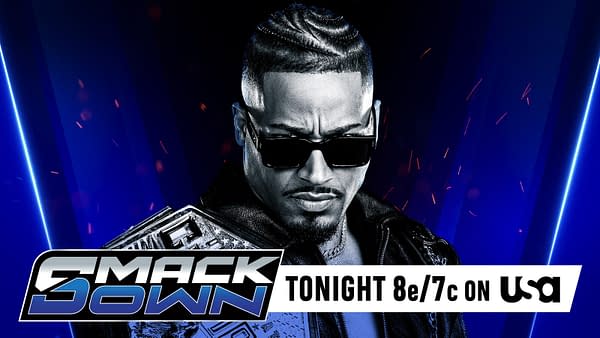A wrestler with sunglasses and a serious expression wears a championship belt over a leather jacket. The background features a gradient from dark to blue with orange sparks, promoting the WWE SmackDown event.