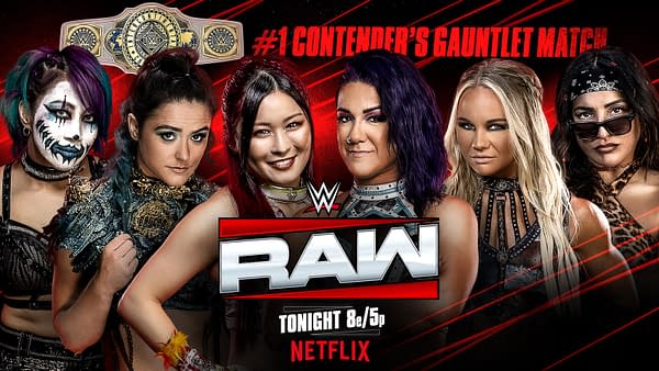 A promotional graphic for a WWE match featuring six female wrestlers, with the WWE championship belt displayed above them. The graphic includes text indicating it's a number one contender's gauntlet match and showcases vibrant colors with a red and black theme.