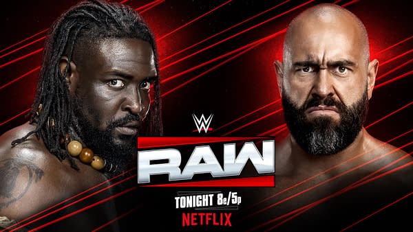 A promotional graphic for WWE Raw featuring two male wrestlers facing each other, with intense expressions. The background includes the WWE logo and bold red lines, with text indicating the show airs tonight at 8e/5p on Netflix.