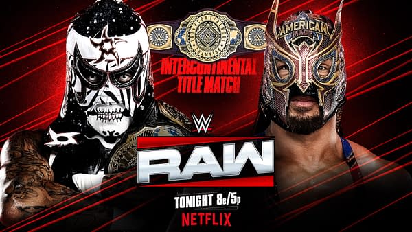 A promotional graphic for WWE Raw featuring two wrestlers in colorful masks and elaborate costumes. The image highlights the Intercontinental Title Match with a championship belt prominently displayed.