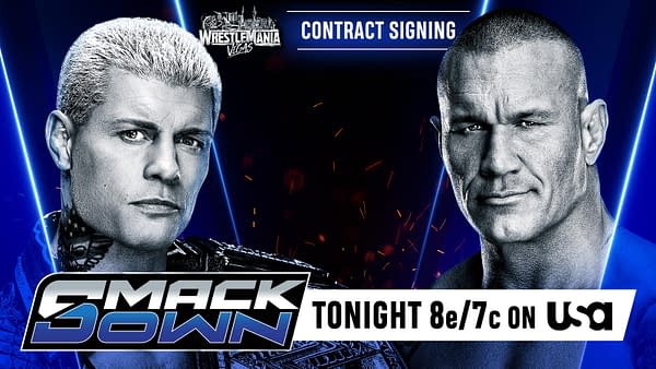 A promotional graphic featuring two wrestlers for WWE SmackDown. The wrestlers, one with light-colored hair and the other bald, are shown against a vibrant background with blue neon lights and a logo for WrestleMania.