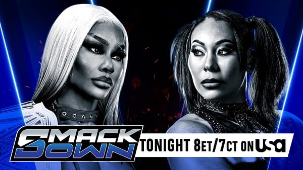 A promotional graphic for WWE SmackDown featuring two women facing each other, one with long blonde hair and a championship belt, and the other with dark hair styled in pigtails. The background has blue accents and the text indicates the broadcast time.