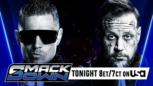 A dramatic promotional graphic for WWE SmackDown featuring two wrestlers, one with sunglasses and the other with facial tattoos, highlighted against a dark blue background. The text displays the SmackDown logo with details about the show airing tonight.