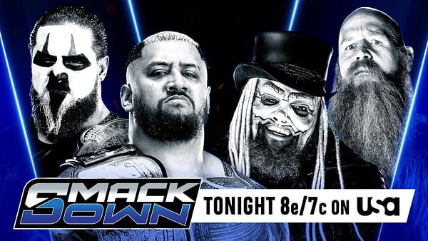 A digital graphic featuring four wrestlers in dramatic poses. The prominent figures include one with face paint, another with a championship belt, and two others with distinctive costumes and facial features. The background is dark, enhanced by striking blue lighting.