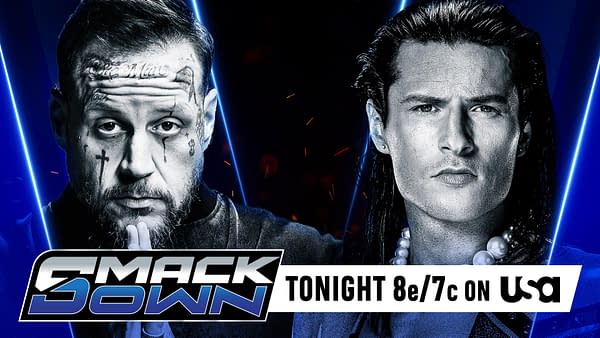 A promotional graphic featuring two intense male wrestlers facing each other. One has tattoos on his face and wears a black outfit, while the other has long hair and a necklace. The background is dark with blue lights.