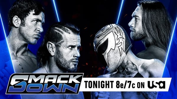 A digital banner featuring four WWE Superstars in an intense face-off for a tag title match. The graphic highlights the event 'SmackDown' with a blue and black theme, emphasizing the logos and match details.