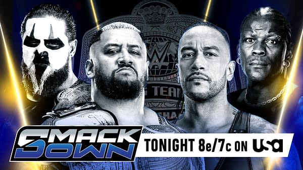 A promotional graphic for WWE SmackDown featuring four wrestlers poised for a tag team title match. The image displays dramatic lighting and includes the SmackDown logo at the bottom.