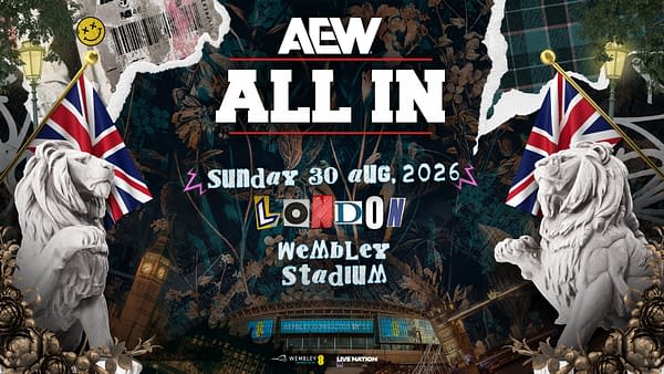 A promotional graphic for AEW's All In event featuring the date, location, and key visuals such as Union Jack flags and lion statues. The backdrop includes floral designs and iconic London landmarks.