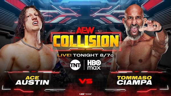 Promotional graphic for a wrestling match featuring Ace Austin and Tommaso Ciampa. The background shows a futuristic design with colorful lights and text announcing the match on AEW Collision.