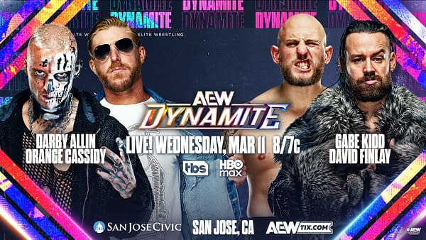 A promotional graphic for AEW Dynamite featuring four wrestlers: Darby Allin with face paint, Orange Cassidy with sunglasses, Gabe Kidd with short hair, and David Finlay with a beard, set against a colorful background with the AEW Dynamite logo.