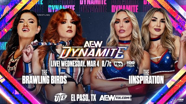 A promotional image for AEW Dynamite featuring four female wrestlers, two on each side. The background displays vibrant colors with the AEW Dynamite logo prominently featured. The wrestlers are styled in colorful outfits, representing their teams: The Brawling Birds and The Inspiration.