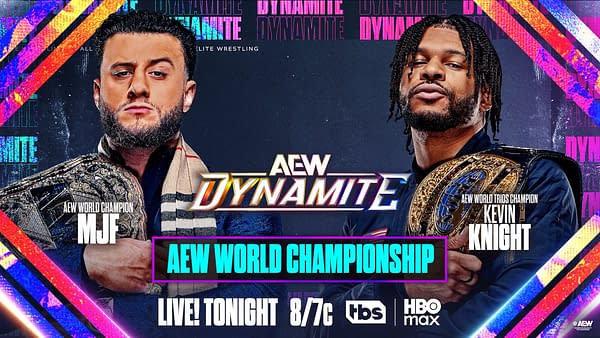 A promotional graphic for AEW Dynamite featuring two wrestlers. On the left is MJF, the AEW World Champion, and on the right is Kevin Knight, the AEW World Trios Champion, both holding their championship belts.