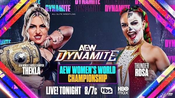 A dynamic promotional graphic featuring two female wrestlers, one holding the AEW Women's World Championship belt. Thekla, on the left, has blonde hair and wears a black outfit, while Thunder Rosa, on the right, has colorful hair and a painted face, both ready for competition.