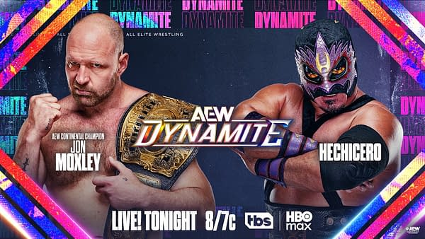 A promotional graphic for AEW Dynamite featuring two wrestlers: Jon Moxley, the AEW Continental Champion, and Hechicero. Moxley is shown with a focused expression, holding his championship belt, while Hechicero is in a masked wrestling outfit, ready for action.