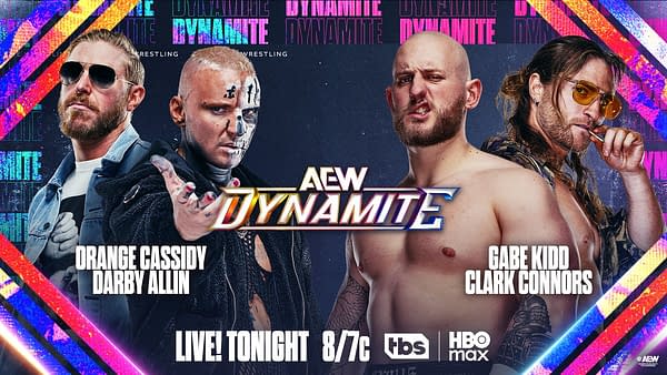 An illustration promoting AEW Dynamite features four wrestlers positioned against a colorful backdrop with bold graphics. The wrestlers are Orange Cassidy, Darby Allin, Gabe Kidd, and Clark Connors, showcasing their unique styles and expressions.